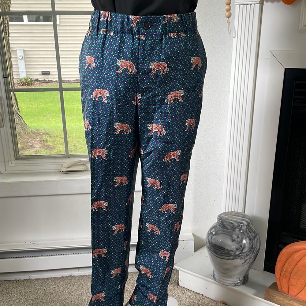Navy Tiger Print Silk Pants